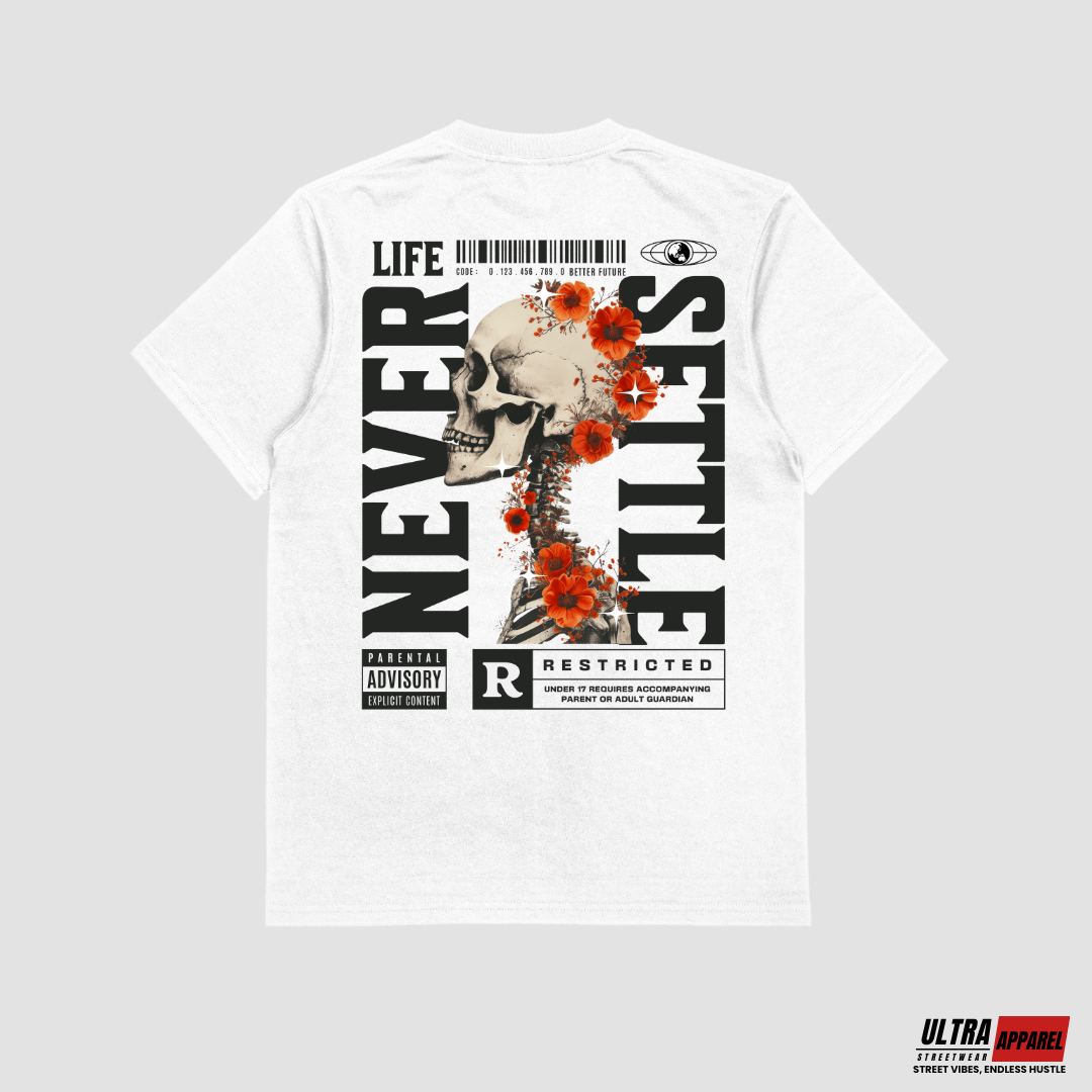 T-shirt grafik "Never Settle"